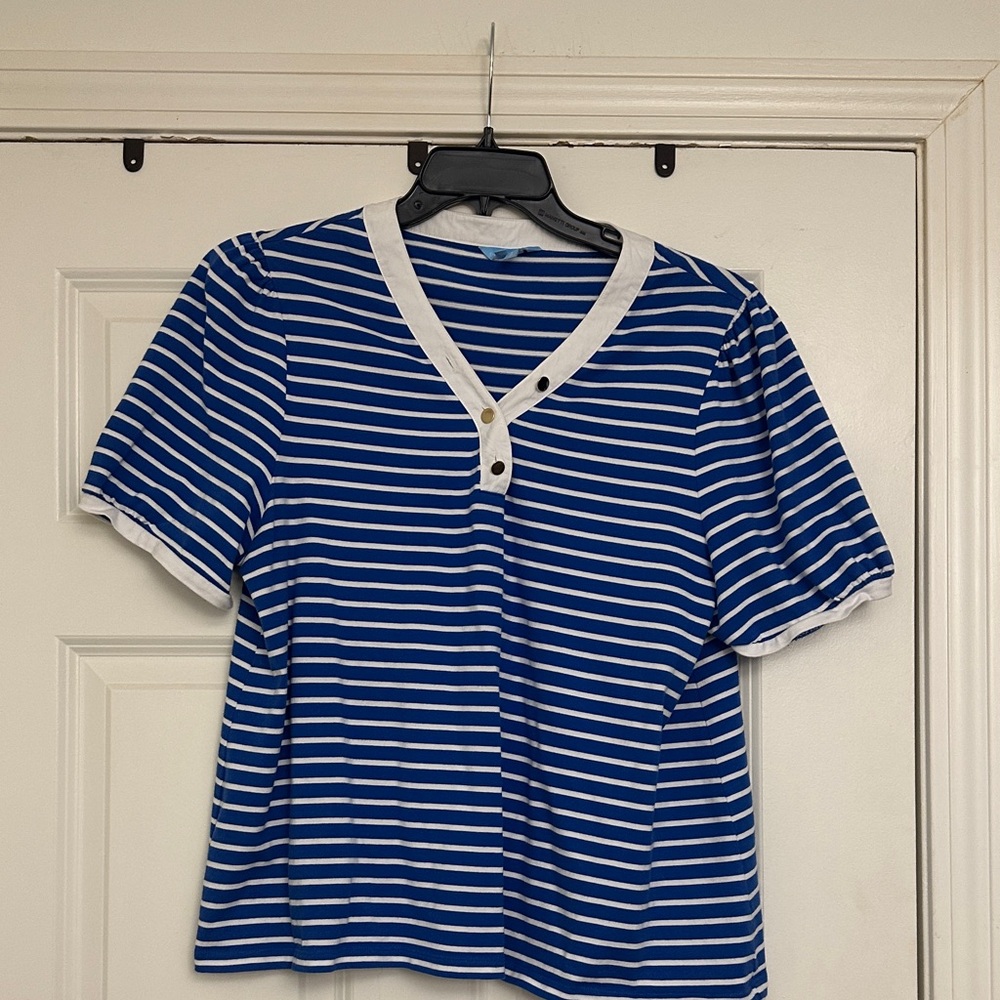 Draper James Nautical Blue/White Striped Puff Sleeve V-Neck Top Plus 1X EUC